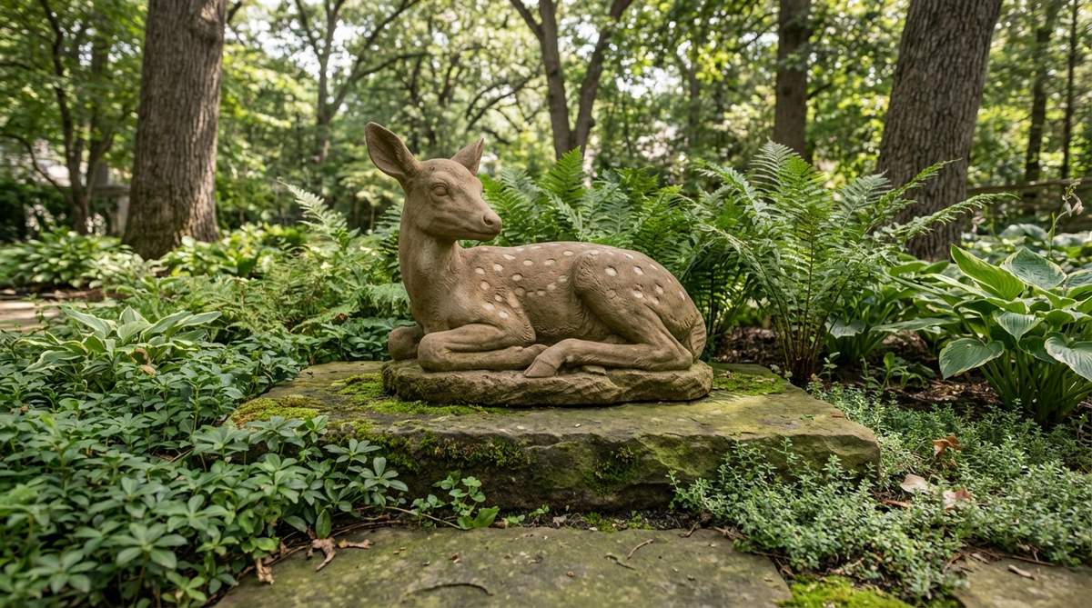 A stone sculpture of a young deer in repose, with legs tucked beneath its body, adding vulnerability and tenderness to garden settings. Carved from sandstone with detailed spotted coat patterns, it is ideal for dappled shade where shadows enhance its features. Designed for low-profile installation on elevated or moss-covered bases to stand out against groundcovers, this fawn sculpture suits intimate garden rooms and courtyards, avoiding overpowering monumentality.