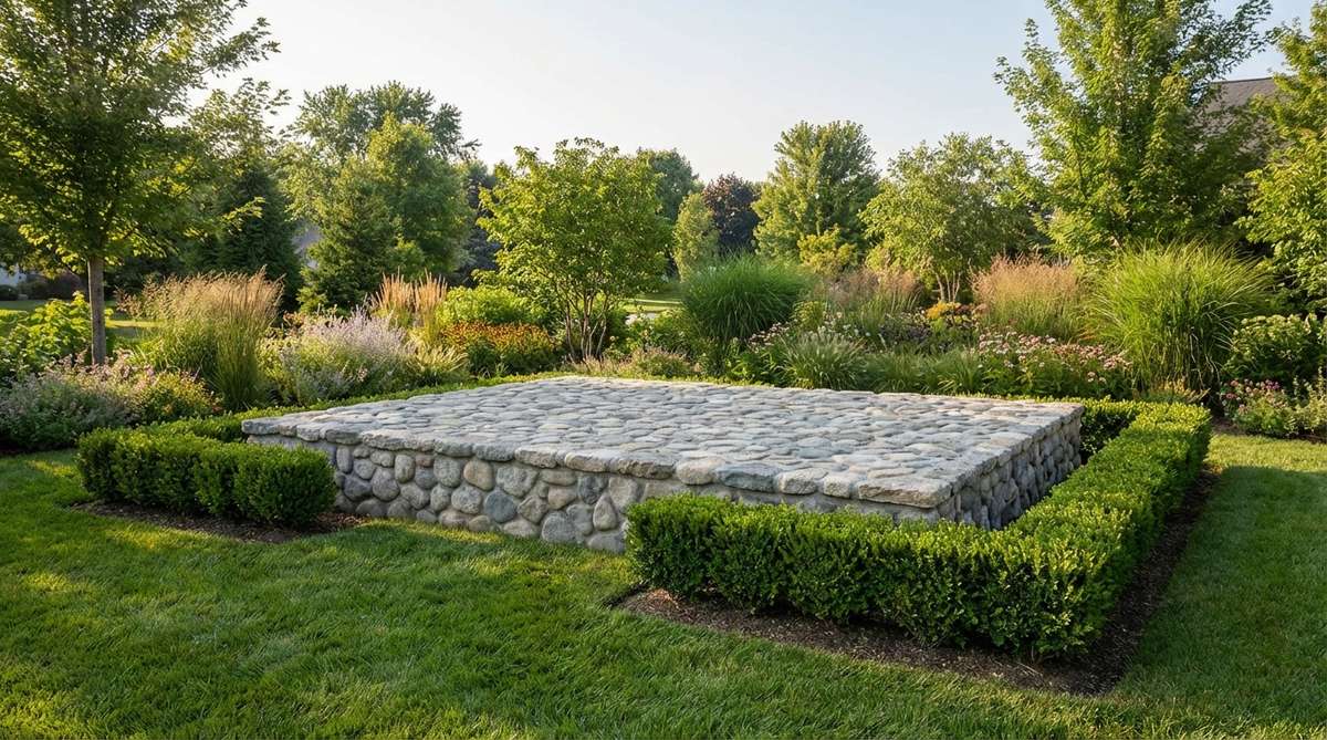 A raised platform constructed from mortared river rock elevates the ceremony space 8-12 inches above ground level. The smooth, rounded stones in grays and tans create a neutral base that complements any color palette. Build the platform 8 feet deep by 12 feet wide to accommodate the officiant and couple comfortably. Edge the structure with low boxwood or lavender hedges that define the sacred space without blocking sightlines.