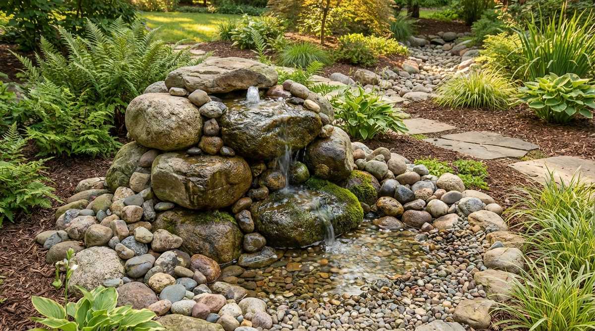 A natural stone garden fountain featuring artfully stacked river rocks with water bubbling through gaps and crevices. The arrangement includes weathered boulders and smaller stones creating layered trickling sounds, suitable for integration into pond edges or dry creek beds.