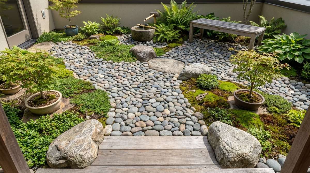 A Japanese balcony garden featuring a pathway bordered with smooth river stones in varying sizes, creating defined circulation zones and protecting plant beds. The stones display complementary grey and brown tones for natural color harmony, with larger stones placed at intersections as symbolic stopping points and two matching stones marking the entrance threshold.