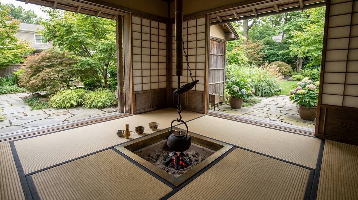 A detailed diagram of a Japanese tea room with a ro-style sunken hearth, showing the square hearth cut into the floor, charcoal heating setup, bronze rim framing, overhead kettle hook, and tatami mat layout with proper spacing for the host and guests.