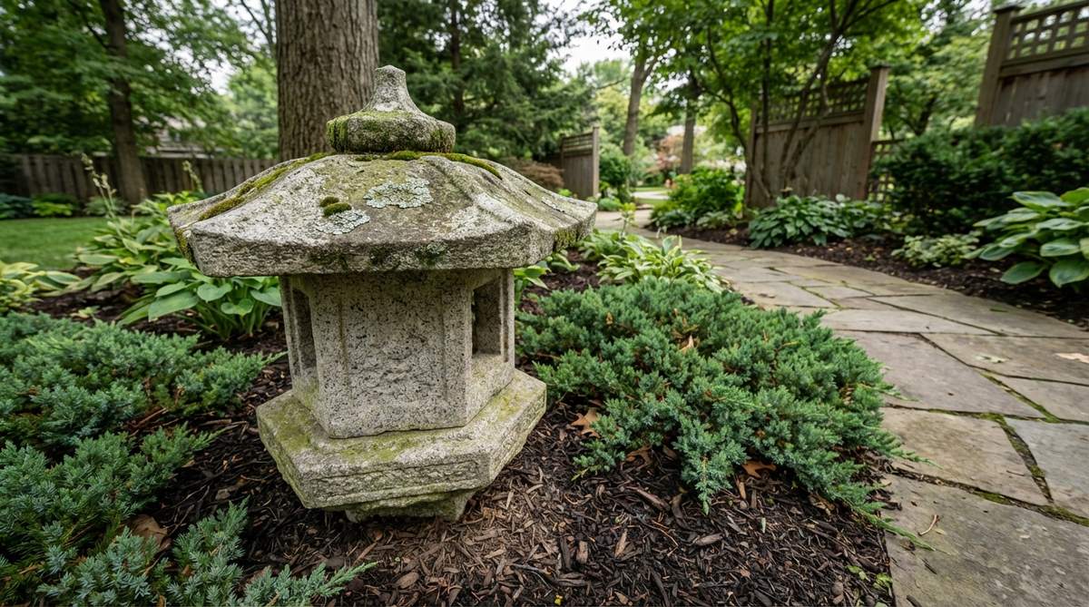 A traditional Japanese stone garden lantern with six flat sides, featuring subtle relief carvings and weathered granite surfaces that develop moss and lichen patterns over time. The hexagonal form symbolizes the six realms of Buddhist cosmology and is used to anchor formal garden spaces or mark corners in geometric layouts.