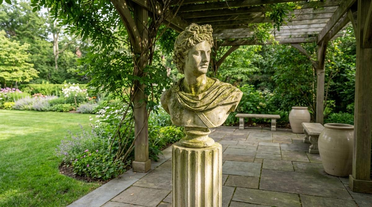 A Roman bust column statue for garden decor, featuring a detailed portrait bust on a cylindrical plinth with classical hair, draping, and facial proportions. Ideal for installation along terrace edges or beneath pergolas to catch dappled light, made from limestone or marble-effect finishes that age gracefully with moss and lichen. Adds intellectual gravitas to reading nooks or meditation spaces, with standard heights of 30-42 inches for optimal viewing.