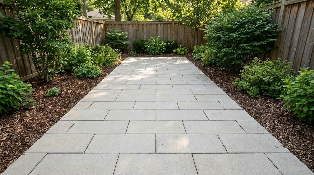 A rectangular paver pattern with clean horizontal lines, each row offset by one-third of the paver length. This layout efficiently fits narrow side-yard patios, reduces waste to 5-8%, and uses light-colored pavers to brighten shaded small gardens. Ideal for patios wider than they are deep.