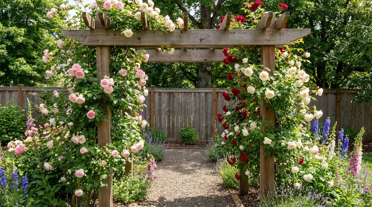 A rustic timber arbor gateway made from cedar or redwood, supporting climbing roses with natural wood tones that complement pastel and saturated rose hues. Constructed with 4x4 posts and 2x6 crossbeams, it integrates seamlessly into a cottage-style garden with heritage roses and companion perennials.