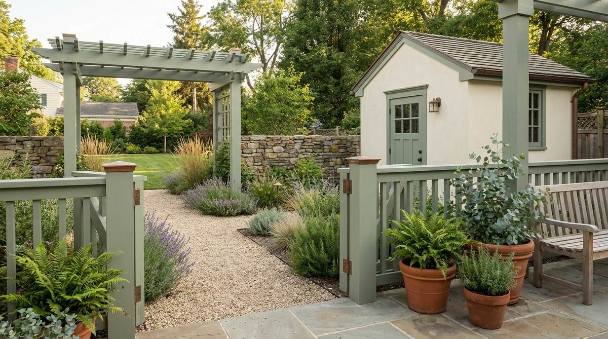 A close-up image showcasing sage green painted trim on door frames and window casings, set against cream or off-white walls in an earthy boho-inspired interior. The muted green tone provides subtle botanical contrast, enhancing architectural interest and connecting the space with nature for a harmonious, nature-inspired design aesthetic.