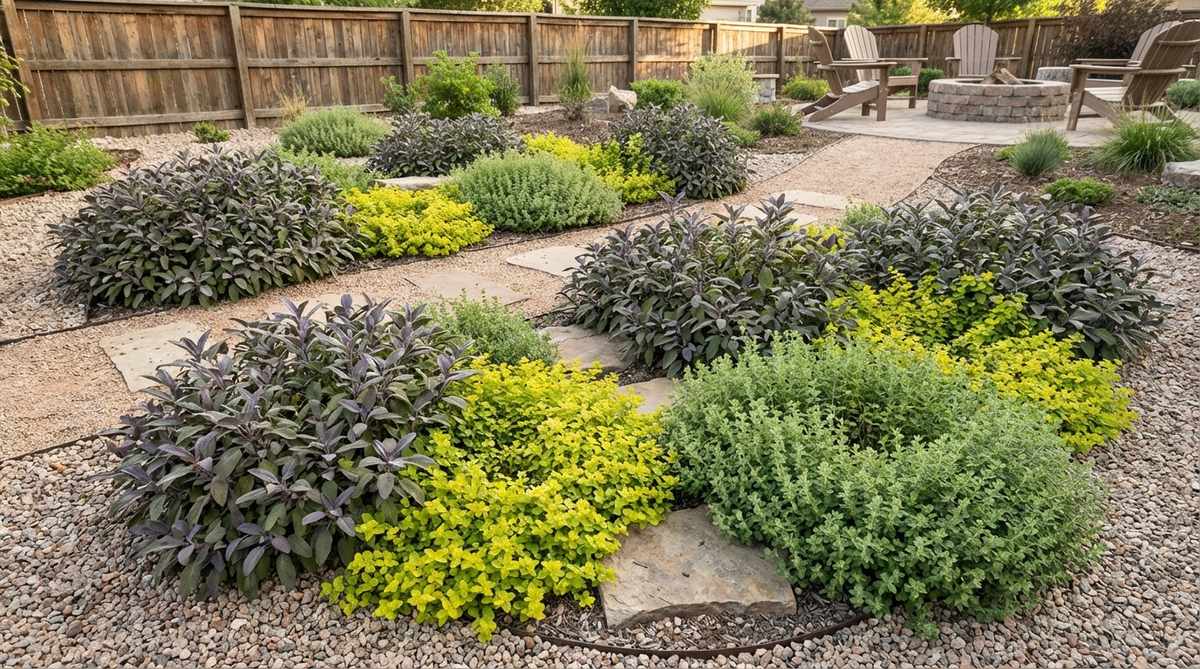 A functional and beautiful gravel garden bed featuring purple sage, golden oregano, and sweet marjoram arranged in informal drifts, mimicking Mediterranean hillside growth. The purple-gray foliage of sage contrasts with oregano's chartreuse leaves and marjoram's soft green, ideal for harvesting from May through October.