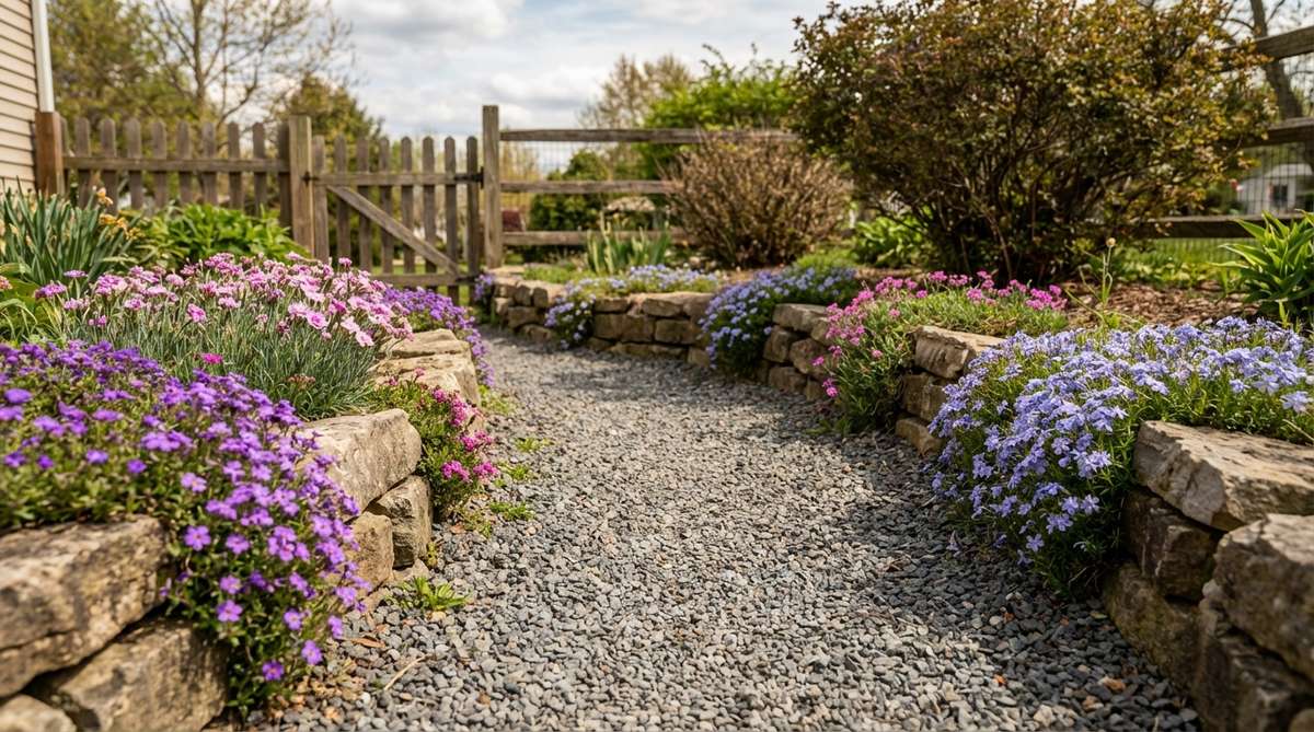 A curved gravel garden path with a low rockery edge featuring trailing aubrieta, dianthus, and creeping phlox plants between stones, creating a soft serpentine border in a small garden rockery.