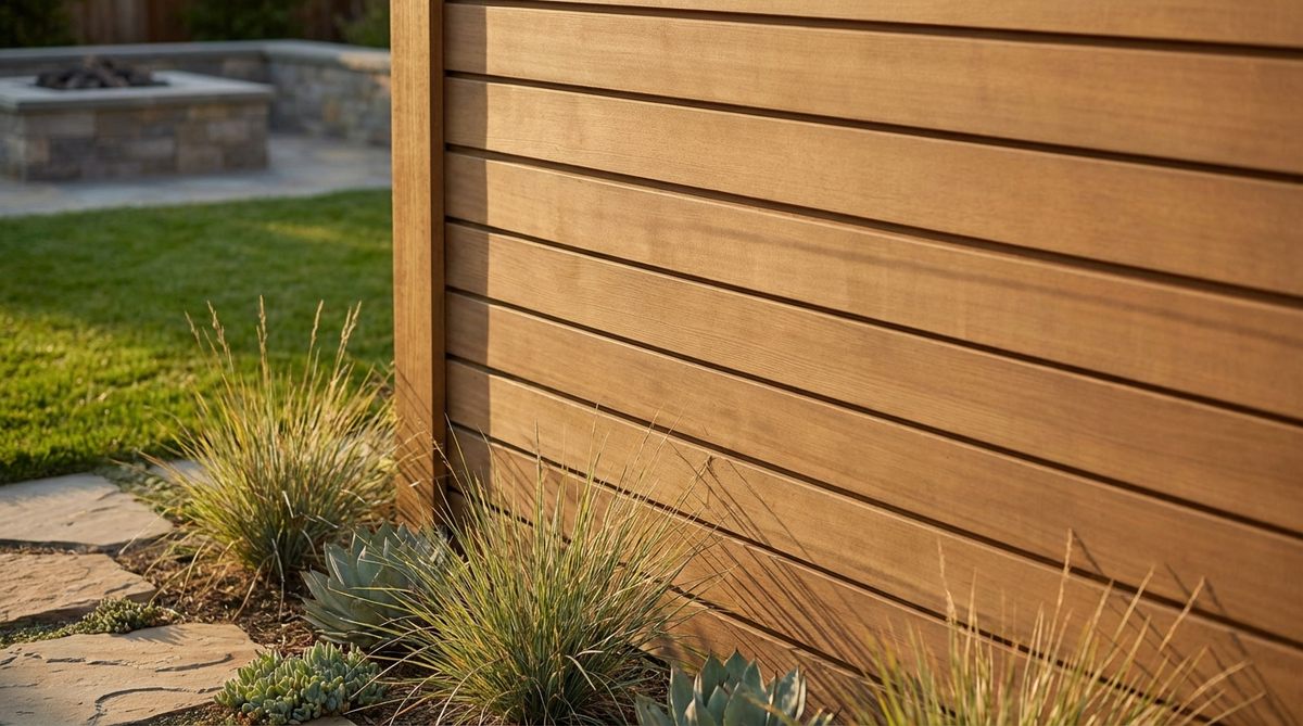 A close-up view of shadowline interlocking fence boards in a modern garden setting, showcasing the seamless horizontal design with subtle shadow lines for privacy and architectural appeal.