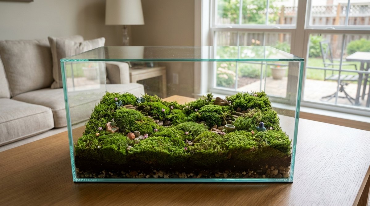 Preserved sheet moss used as maintenance-free ground cover in an indoor fairy garden terrarium, showing natural green texture layered to create miniature hills and valleys, secured with floral pins for arrangement stability.