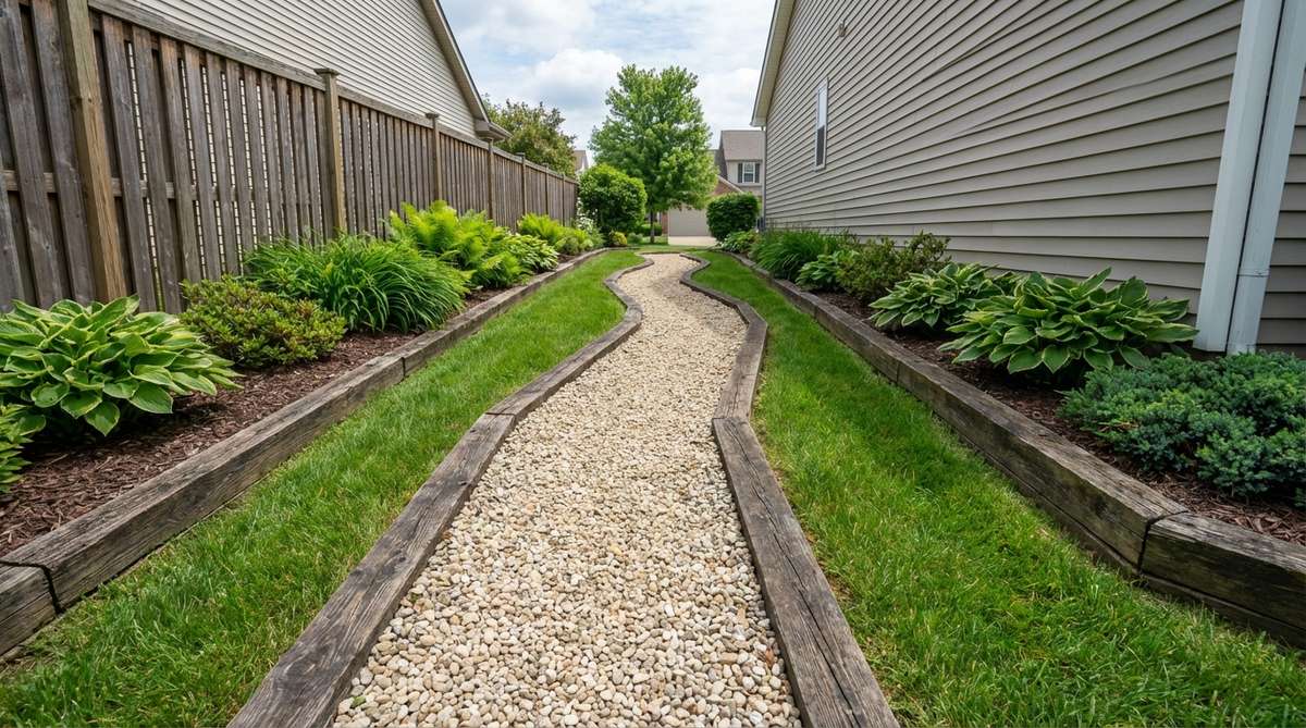 A narrow side yard featuring a pea gravel path that provides drainage and brightens the space with light-colored gravel, edged with pressure-treated lumber to prevent migration into lawn areas.