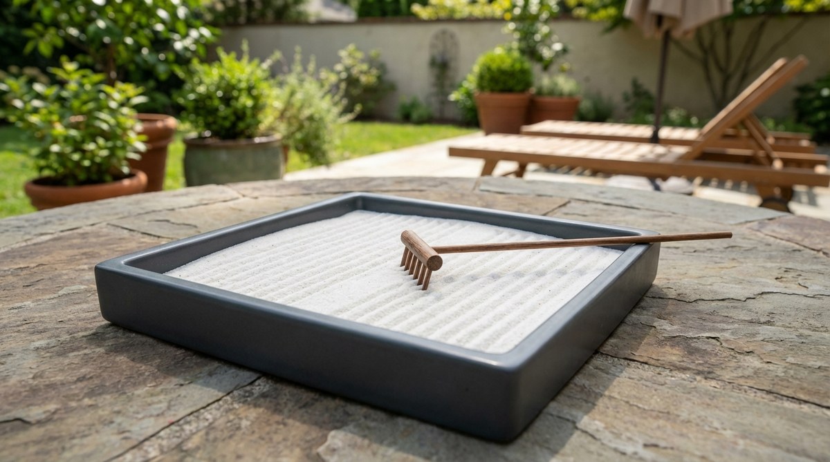A minimalist Zen garden miniature featuring a ceramic square tray with a multi-tined wooden rake. The 8-inch square design represents earth stability in Zen philosophy, while the seven-tined rake creates parallel lines symbolizing calm water surfaces. Perfect for small spaces and meditation practice.