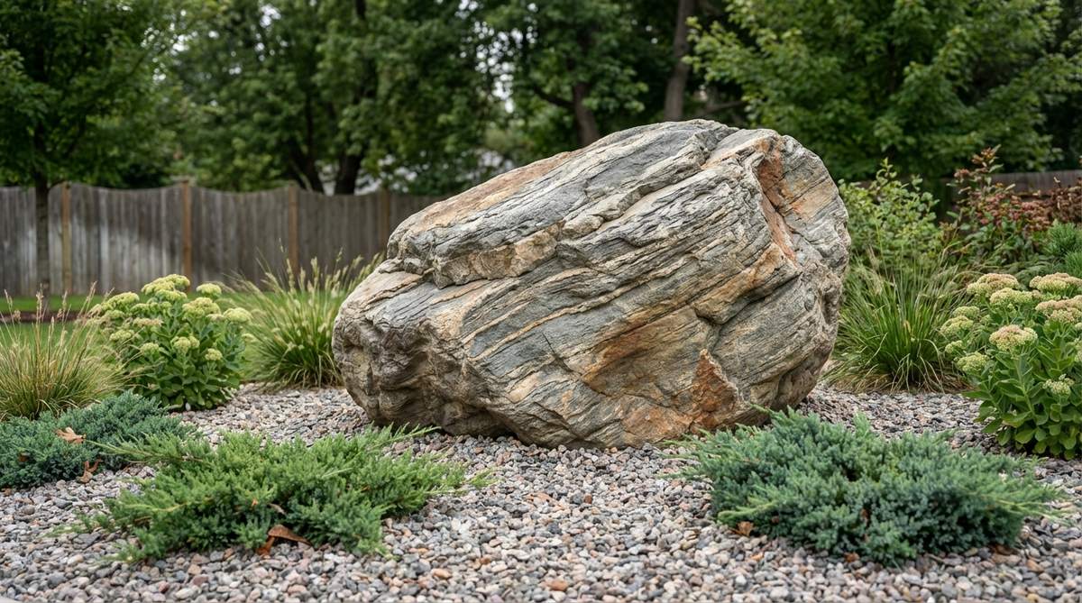 A dramatic 500-2000 pound boulder serving as a sculptural centerpiece in a stone garden, surrounded by crushed granite. The monolithic stone features interesting striations and weathering patterns, positioned at one-third intervals for dynamic tension rather than centered.