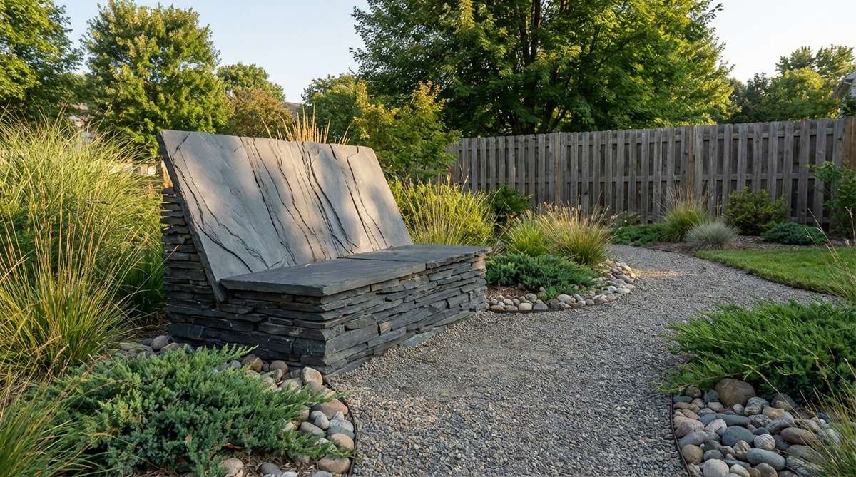 A minimalist Japanese garden bench featuring layered slate pieces forming a vertical backrest that provides lumbar support for extended contemplation. The stratified slate creates textural interest while maintaining clean lines, installed at a garden transition point where paths curve. The backrest tilts at a 5-10 degree angle to encourage upright yet relaxed posture, creating a natural pause point for garden visitors.