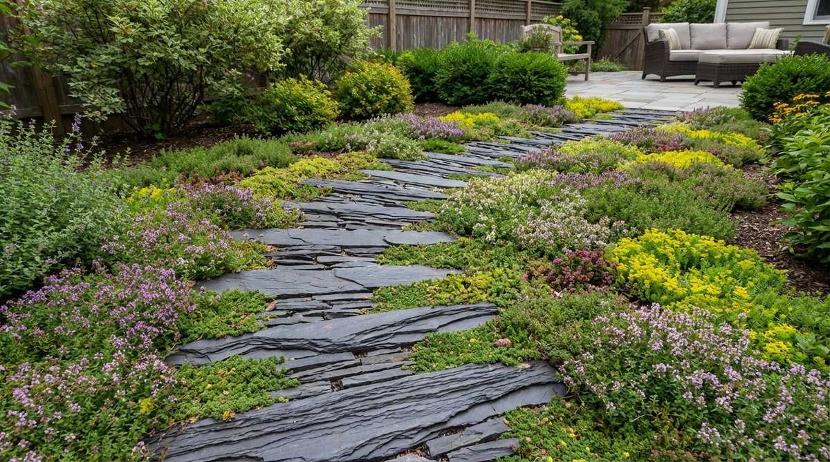 Dark slate stone pieces arranged as narrow ribbons winding through low-growing groundcover plants like creeping thyme and sedum in a garden path design. The natural layered texture of slate creates visual contrast with the surrounding greenery, while aromatic herbs planted between stones release fragrance when brushed.