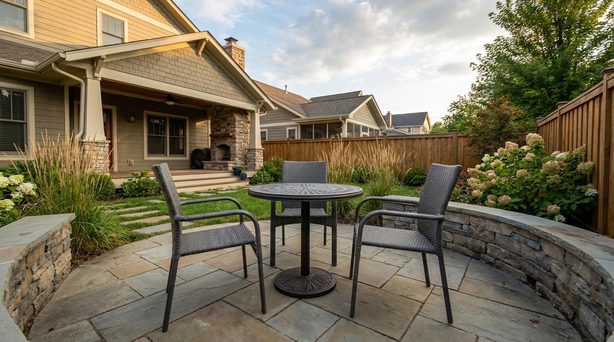 A set of stackable bistro chairs paired with a compact pedestal-base table, designed to save space in small gardens with features like contoured plastic or woven resin materials and a 24-28 inch diameter table for easy chair placement.