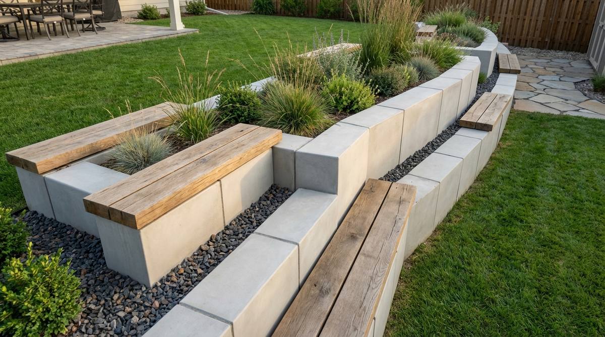 A contemporary garden bed constructed with stacked concrete blocks measuring 450mm x 215mm x 100mm, featuring a smooth rendered finish and capped with timber sleepers that serve as integrated bench seating. The modular design allows for mortar-free assembly, with gravel-filled cores providing enhanced drainage and structural stability on sloped terrain.