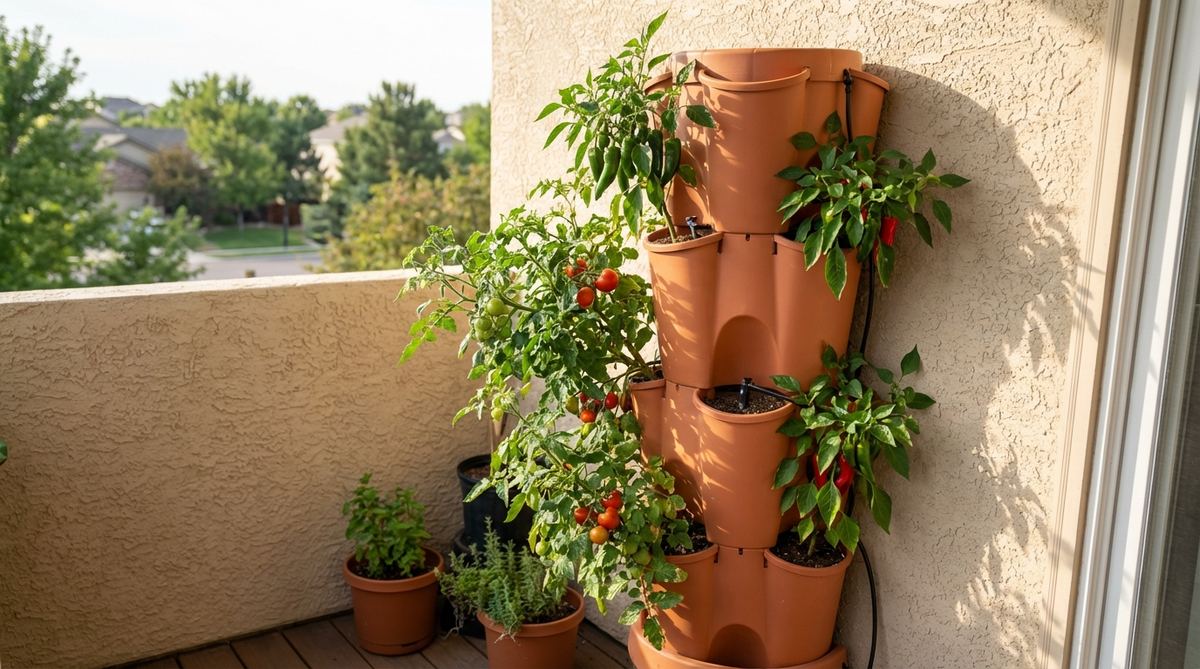 A vertical stacked tower garden with multiple planting levels in a cylindrical design, featuring self-watering reservoirs and plants like peppers and tomatoes, ideal for balcony wall decor to maximize space and sunlight exposure.