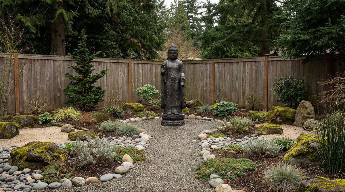 A standing Buddha statue in a Zen garden, crafted from granite or lava stone, with hands in a blessing mudra symbolizing compassion and protection. Positioned at the end of a winding pathway, it serves as a focal point that encourages spiritual elevation and withstands harsh weather while maintaining detailed carvings.