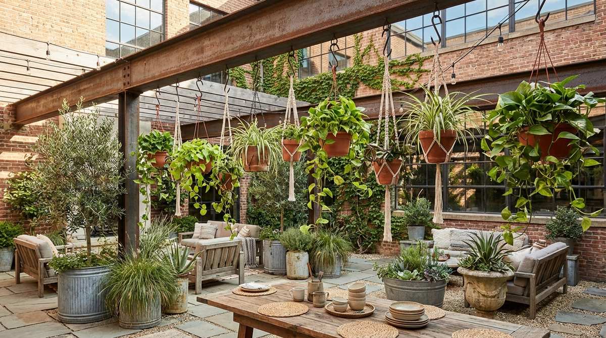 Exposed steel beams with hanging plants in an industrial boho decor setting, featuring cascading greenery like pothos and spider plants suspended from S-hooks or adjustable chains to soften the hard geometry and maximize vertical space in loft interiors.