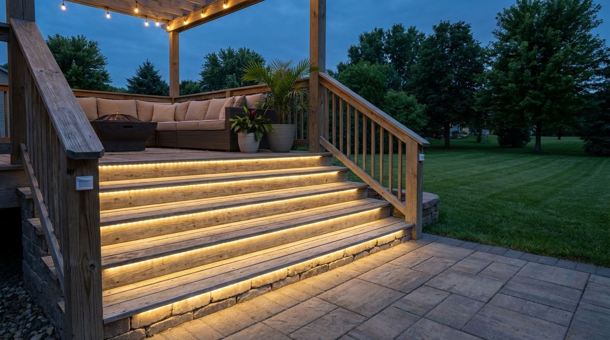 A contemporary outdoor porch with LED strips embedded into stair risers, providing safety lighting that appears to float beneath each tread. The warm white light at 2700K creates an inviting atmosphere while ensuring secure footing after dark, with motion sensors adding convenience and energy efficiency.