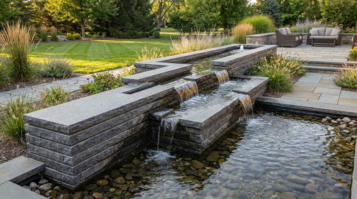 A modern garden fountain featuring a stepped linear descent design, where water cascades down a series of horizontal planes creating layered acoustics. The staircase geometry integrates with landscape grade changes, aerating water effectively for features like koi ponds.