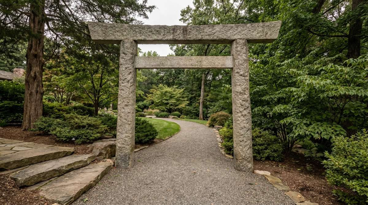 A durable stone torii gate made from granite or basalt pillars, featuring precise engineering with concealed steel armatures for crossbeam attachment, ideal for high-traffic areas in Japanese gardens.