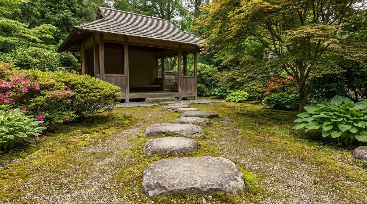 Seven Japanese garden stepping stones arranged in a relatively straight line, with individual stones rotated for subtle irregularity. The stones vary in size from medium to larger, creating a formal approach to a viewing pavilion or entrance gate.