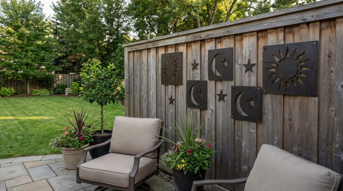 Wrought iron or laser-cut steel celestial wall decor featuring sun, moon, and star motifs. These pre-drilled designs are easy to install on wooden fences, stucco walls, or masonry surfaces. Arrange in constellation patterns or use as a single statement piece. Negative space cutouts reduce wind resistance for outdoor use.