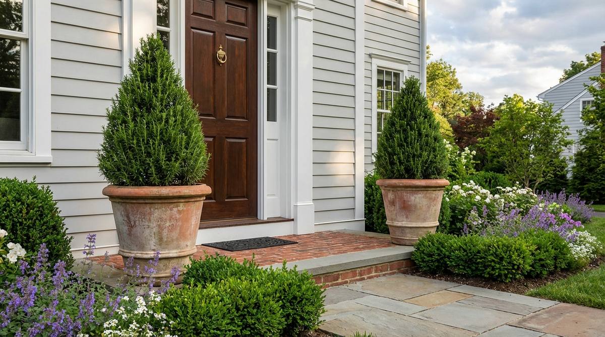 A pair of matching planters flanking a doorway, filled with identical topiary rosemary plants, showcasing formal balance and enhancing architectural presence in a small front garden setting.