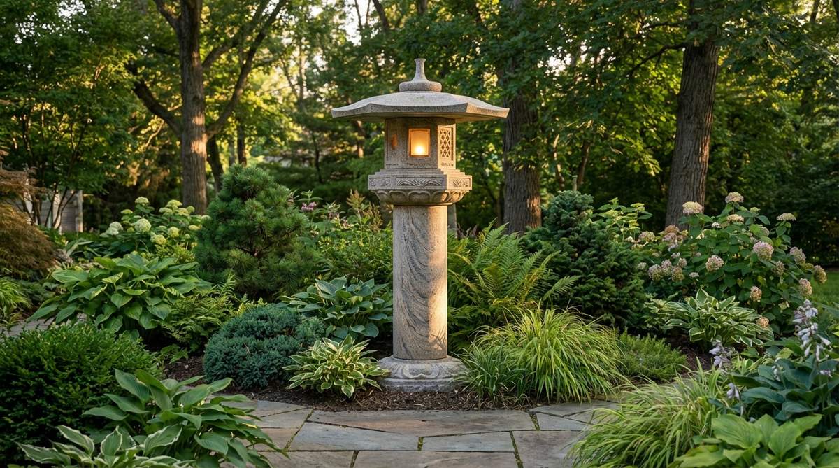 A tall cylindrical shaft Japanese garden lantern with an elongated circular column supporting an ornate fire box and multi-sided roof. The polished granite shaft showcases natural grain patterns, elevating the light chamber to eye level for optimal pathway illumination through layered plantings.
