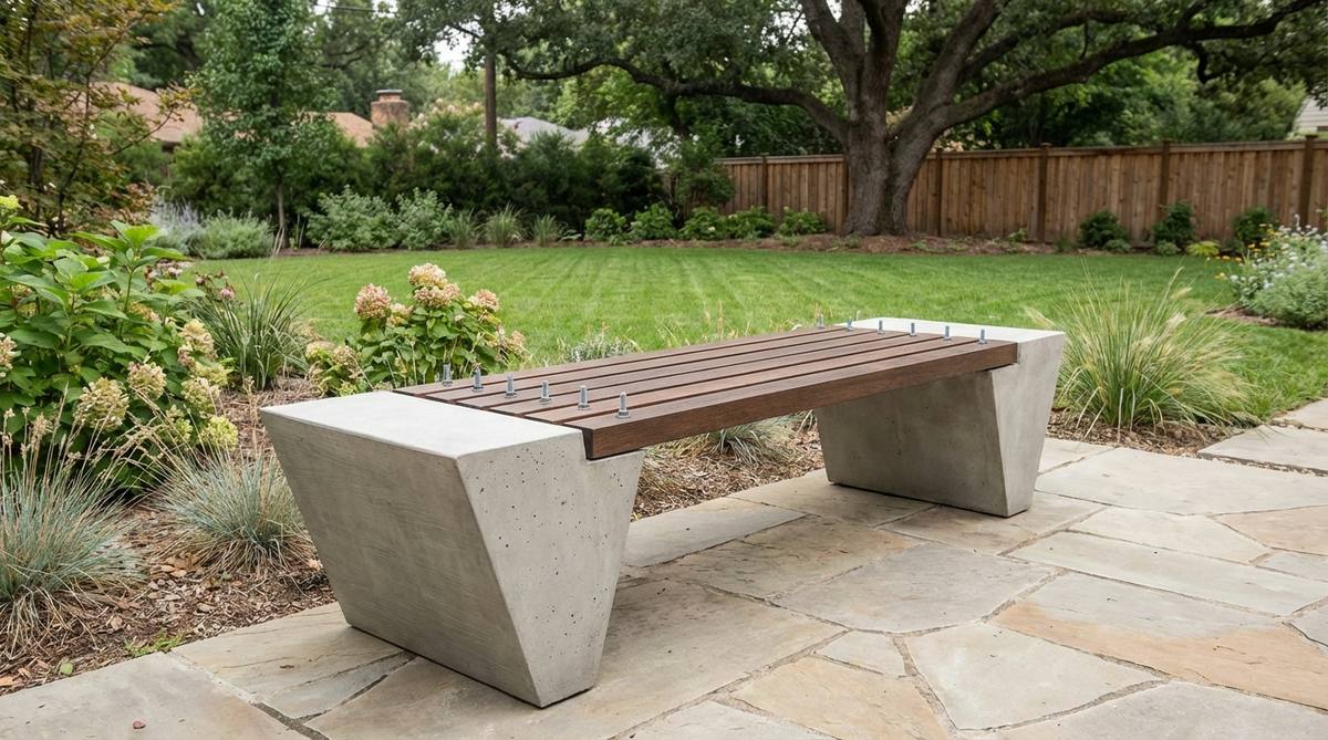 Detailed view of modern garden bench with tapered wedge leg construction showing concrete legs tapering from 12 inches at base to 8 inches at top, oak slats secured with threaded rods, and smooth concrete finish from custom plywood formwork with release agent.