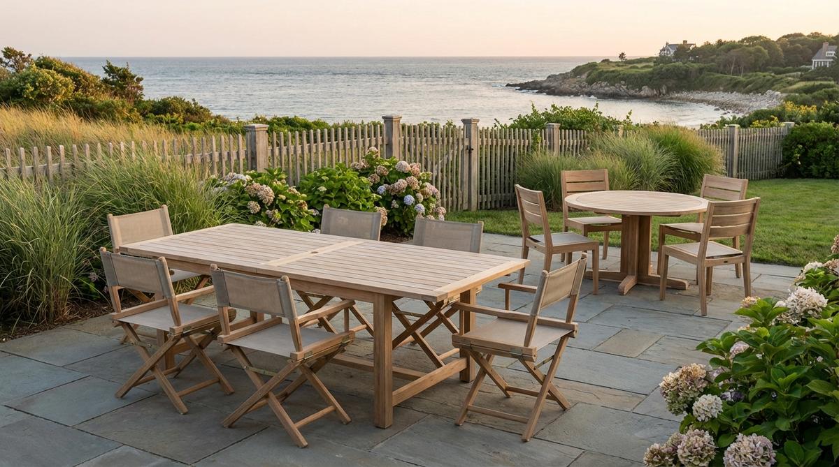 A premium teak dining set featuring folding director-style chairs, ideal for coastal or beach aesthetics. The set includes options for rectangular or round pedestal tables, designed for family gatherings or intimate settings, with minimal maintenance required.