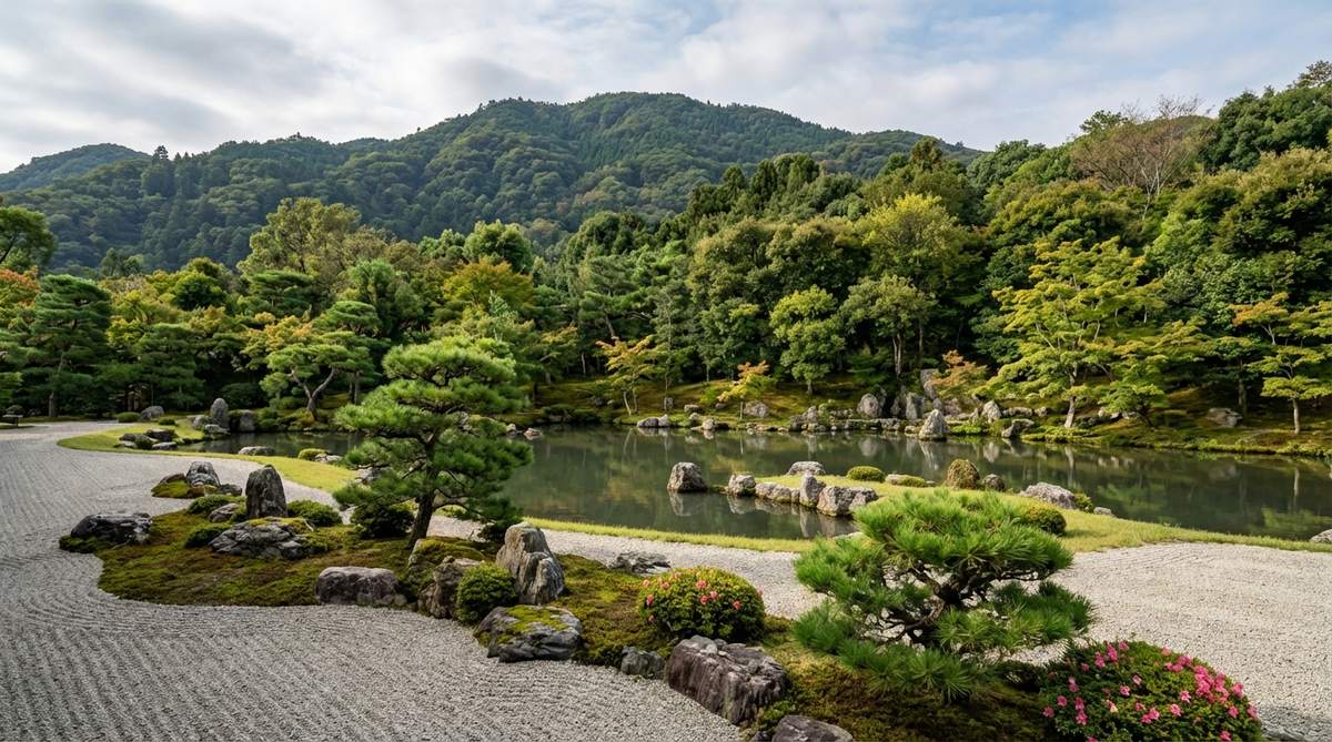 A view of the Tenryuji Temple Pond Garden showing the karesansui dry landscape elements harmonizing with the Arashiyama mountains in the background. Stonework and pruned plants create 'borrowed scenery' that integrates distant peaks into the garden composition, demonstrating how karesansui principles apply to larger landscape designs.