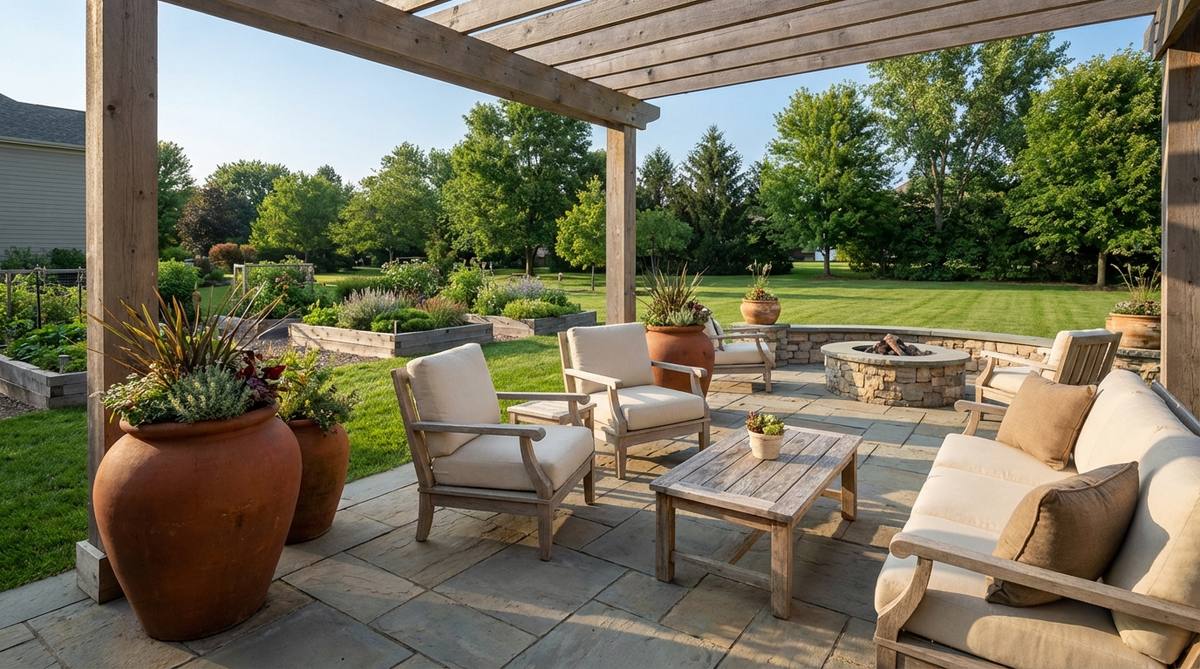 A serene bedroom featuring a classic pairing of burnt terracotta and soft cream tones, with a terracotta focal wall, cream linen bedding, terracotta ceramics, and natural wood nightstands, creating an elegant and restful earthy decor.