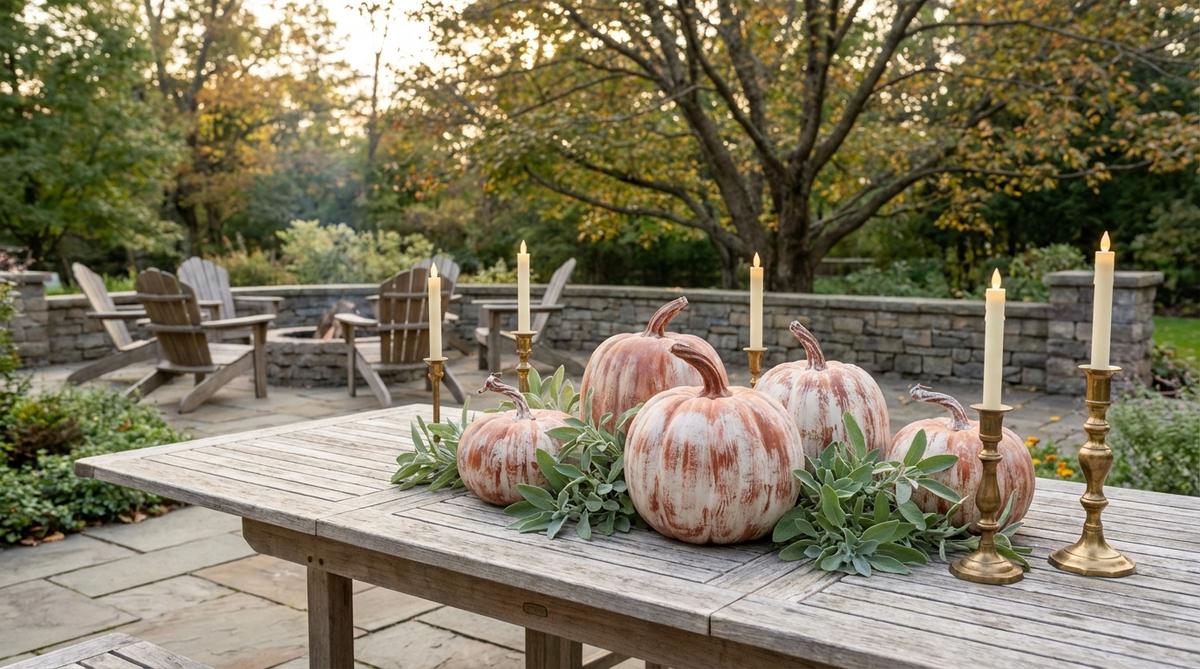 A boho Halloween decoration featuring terracotta washed pumpkins with a white chalk paint base and layered rust-colored dry-brushing, creating aged, weathered tones. The streaky, uneven coverage adds dimension, perfect for complementing sage greenery and brass candlesticks in mantel or table arrangements.