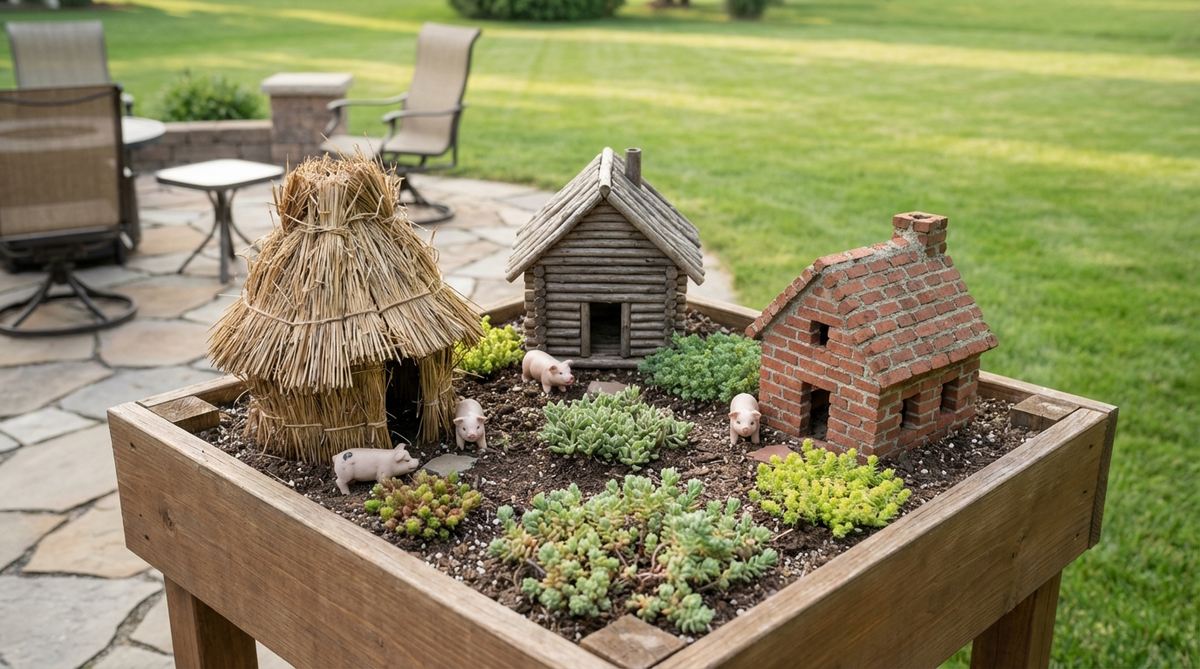 A miniature garden scene depicting the Three Little Pigs story, featuring three houses made from straw, wood, and brick arranged in a triangle. Includes pig figurines and baby sedums, ideal for educational and creative settings.