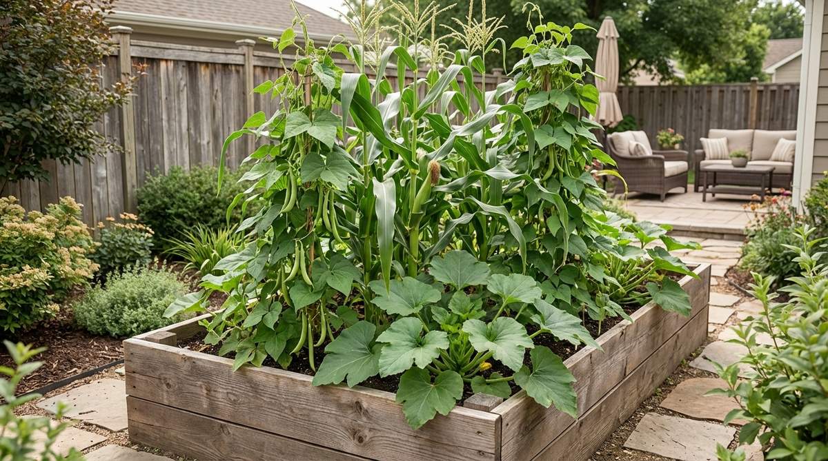 A raised garden bed showcasing the Three Sisters planting technique with corn, pole beans, and squash growing together. Corn stalks serve as natural trellises for beans, while squash leaves provide ground cover to retain moisture, illustrating efficient polyculture in garden design.