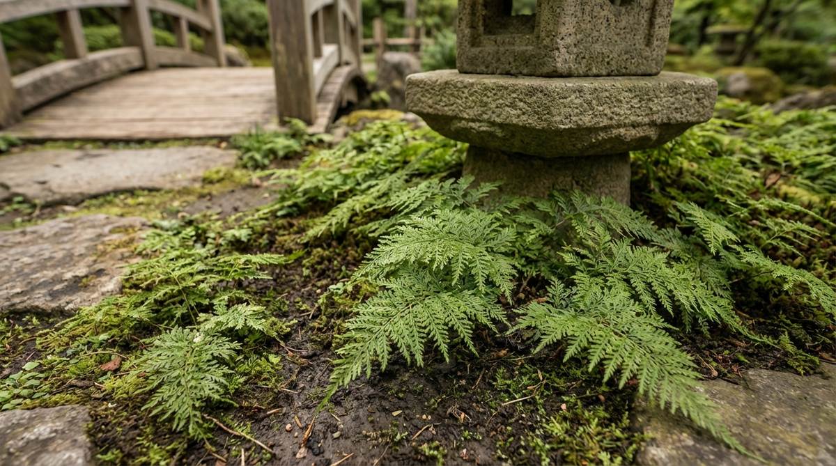 A close-up view of Thuidium Tamariscinum moss, also known as O-shinobu-goke, showcasing its delicate fern-like fronds creating intricate lace patterns on moist, well-drained soil in a Japanese garden setting, ideal for pathways or near stone lanterns.