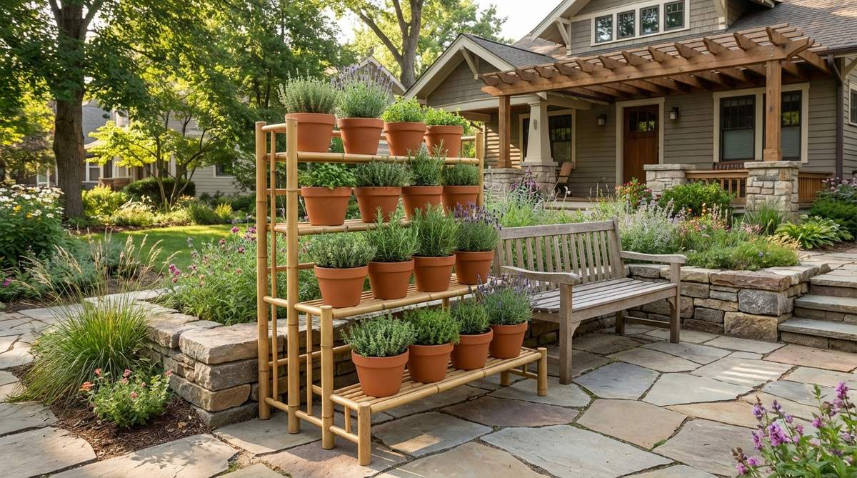 A compact tiered bamboo shelf displaying a mini herb garden with layered plants like thyme, rosemary, and lavender in matching pots, optimizing vertical space for a boutique-café aesthetic.