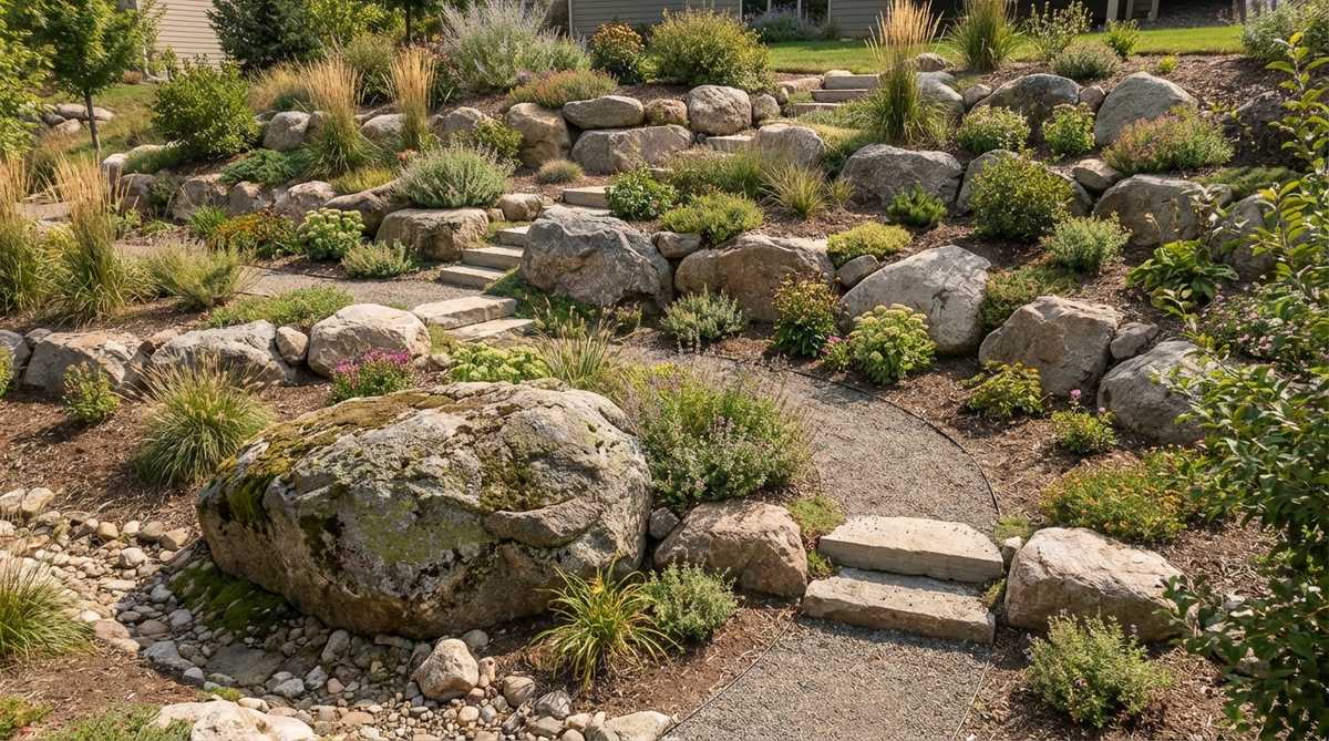 A garden design featuring multiple boulders arranged at staggered elevations on a hillside slope, creating a terraced cascade effect. The largest boulder is positioned at the lowest point with progressively smaller stones angled backward uphill, anchoring planting pockets and controlling erosion.
