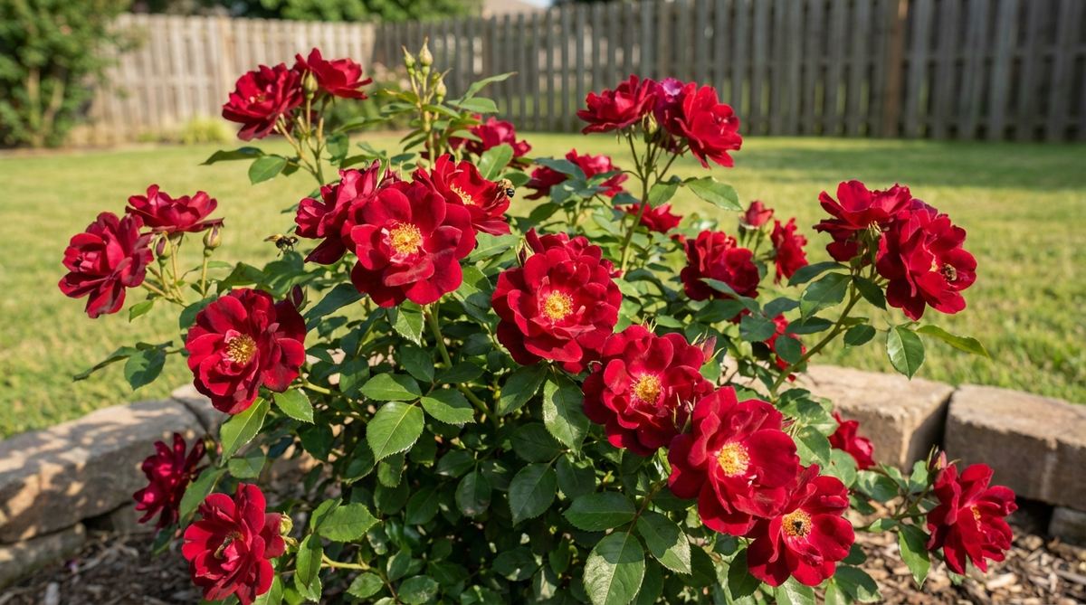 A close-up photograph of the Top Gun modern garden rose featuring deep crimson semi-double flowers with prominent golden-yellow stamens. The vibrant blooms maintain their intense color even in hot summer conditions, set against glossy green disease-resistant foliage. This shrub rose stands 3-4 feet tall and attracts pollinators with its contrasting yellow centers.