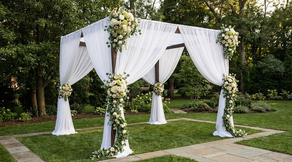A traditional four-pillared chuppah structure draped with flowing chiffon or linen fabric, creating a covered altar for outdoor wedding ceremonies. The lightweight materials move gently with the breeze while providing shade, with floral clusters securing the corners and greenery garlands wrapping the pillars.