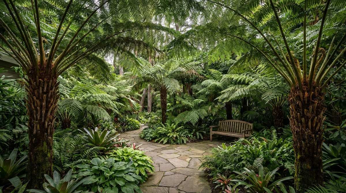 A lush tropical garden scene featuring native tree ferns forming a prehistoric woodland canopy, with fibrous trunks and arching fronds creating an authentic rainforest atmosphere, ideal for shaded zones.