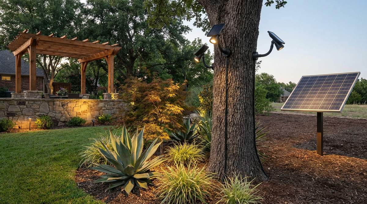 Flexible solar spotlights attached to a tree trunk, highlighting specimen plants and architectural features in a garden. Adjustable heads direct 100-lumen beams precisely, with the solar panel positioned in open sunlight for optimal charging.