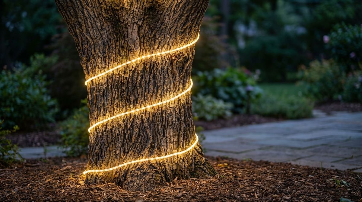 A close-up photo showing warm white micro-LED fairy lights spiraling up the textured trunk of a mature tree, creating a glowing sculpture effect for garden party decor. The lights follow the natural bark pattern from ground level up 6-8 feet, highlighting the tree's architecture with organic ambient lighting.