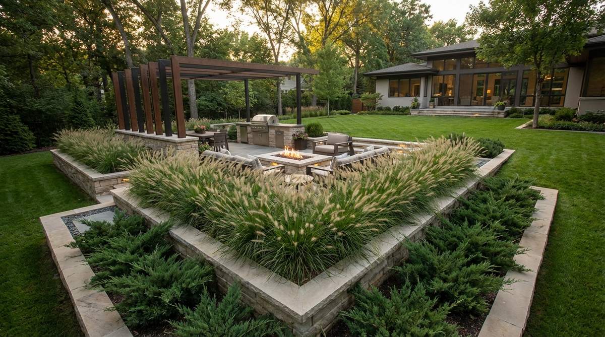 A modern garden featuring triangular planting beds with angular shapes at 45 or 50 degrees, creating dynamic movement and forced perspective effects. Positioned at corners or as transitions, these beds direct sight lines toward specific features, filled with mass plantings like ornamental grasses or low evergreen shrubs for visual simplicity.