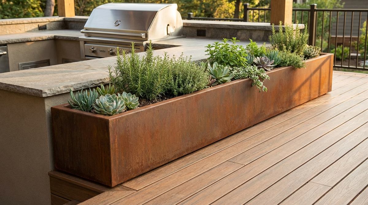 An elongated rectangular metal planter in brushed stainless steel or weathered corten steel, showcasing a low-profile design ideal for modern decks, rooftop gardens, and outdoor kitchens. This trough-style planter creates linear interest and boundaries, perfect for herb gardens or succulent displays, with the metal finish developing character over time, especially with corten's rust patina.