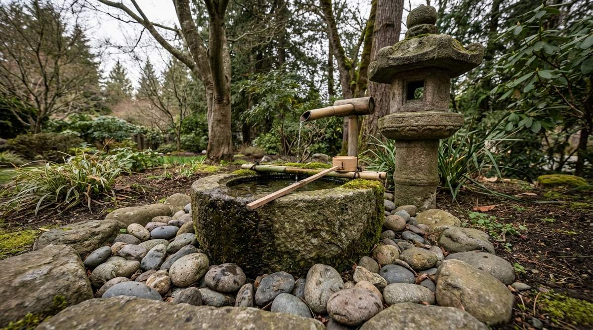 A traditional Japanese tsukubai stone water basin installed at ground level for ritual hand washing, surrounded by river stones for drainage with a bamboo ladle resting across the rim. A stone lantern completes the composition, embodying wabi-sabi philosophy through weathered imperfections while the gentle drip of water creates a subtle soundtrack.