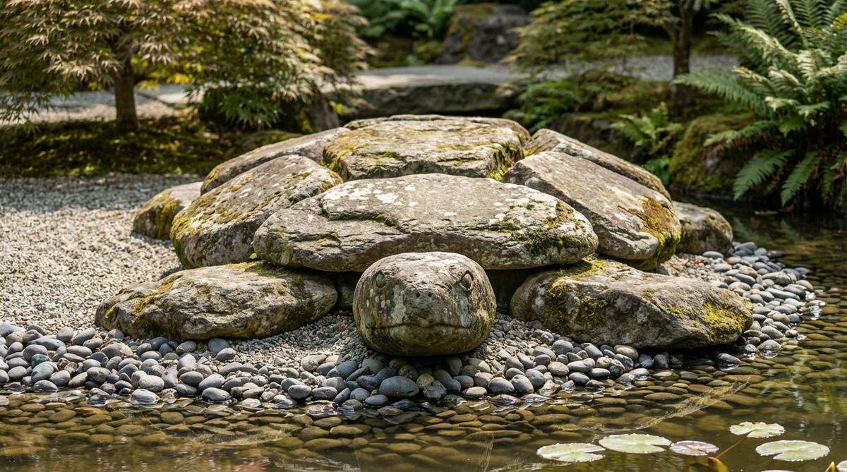 A close-up view of a turtle island stone cluster in a zen garden, featuring seven to nine flat stones arranged to resemble a turtle's shell emerging from water. The stones vary in size, show natural weathering and lichen growth, and are positioned with a head stone facing the viewer, symbolizing longevity and steady progress in meditation gardens.